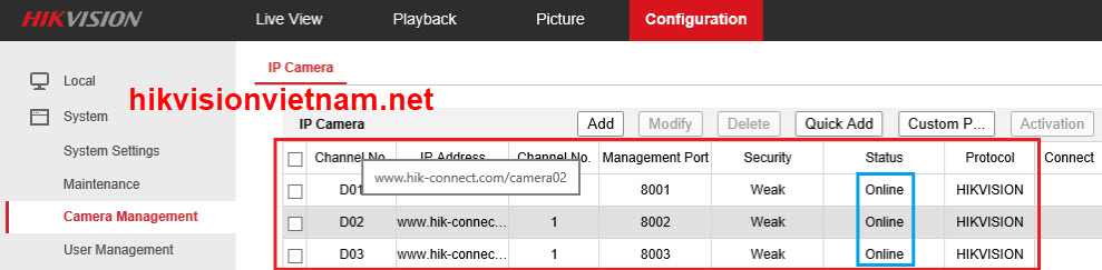HƯỚNG DẪN ADD CAMERA IP HIKVISION, ĐẦU GHI HIKVISION VÀO ĐẦU GHI IP BẰNG TÊN MIỀN HIKVISION