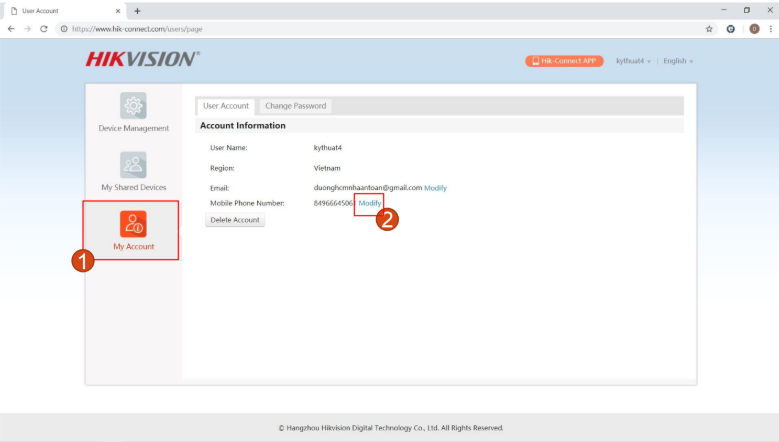 HƯỚNG DẪN XÓA TÀI KHOẢN HIK-CONNECT VÀ  THAY ĐỔI EMAIL, SỐ ĐIỆN THOẠI CỦA ĐẦU GHI HÌNH CAMERA HIKVISION