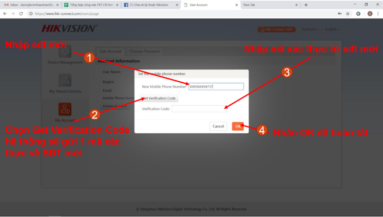HƯỚNG DẪN XÓA TÀI KHOẢN HIK-CONNECT VÀ  THAY ĐỔI EMAIL, SỐ ĐIỆN THOẠI CỦA ĐẦU GHI HÌNH CAMERA HIKVISION