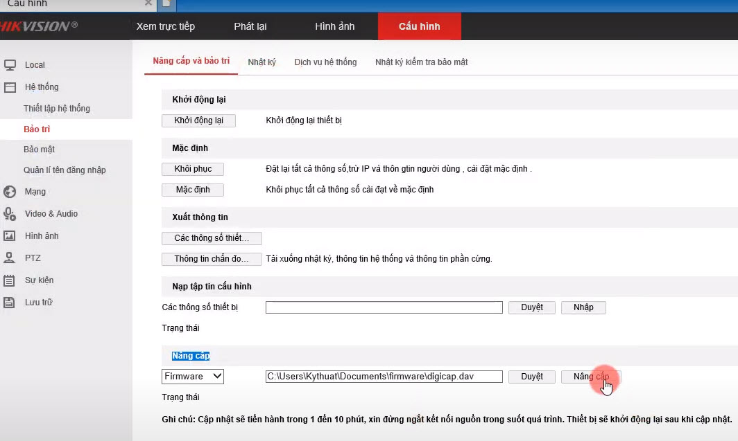 HƯỚNG DẪN CẬP NHẬT FIRMWARE CHO CAMERA ĐẦU GHI HIKVISION TRÊN WEB