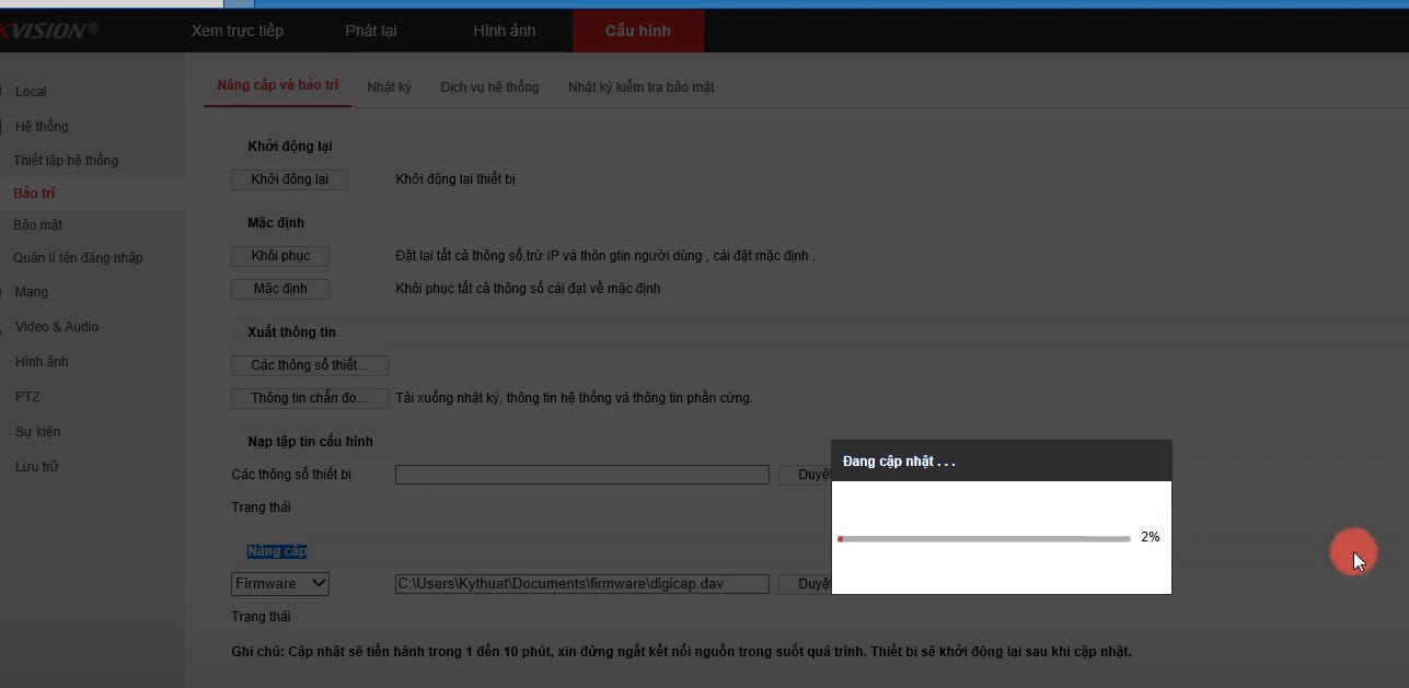 HƯỚNG DẪN CẬP NHẬT FIRMWARE CHO CAMERA ĐẦU GHI HIKVISION TRÊN WEB