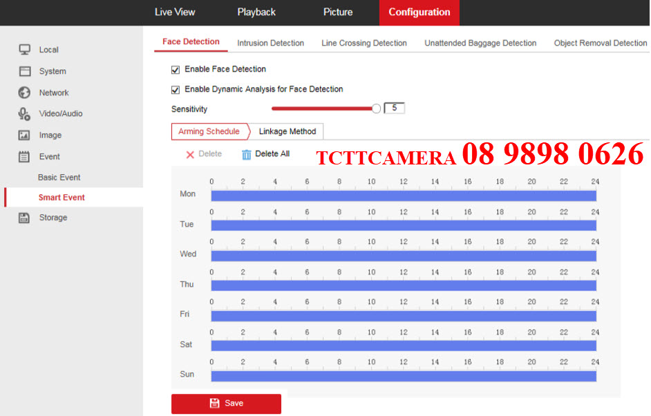 Bật chức năng Phát Hiện Khuôn Mặt trên camera và cấu hình lịch làm việc cho chức năng