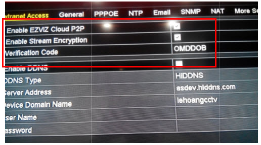 Hướng dẫn cài đặt: Bước 1: Cài đặt mạng -Kết nối thiết bịvới internet qua Router. Bước 2:kích hoạt tính năng điện toán đám mây -Vào “Extranet Access”,kích hoạt tính năng “ezviz cloud” và“StreamEncryption”, và nhập 6ký tựvào mục “Verification Code” ( Lưu ý: chỉ nhập được chữvà mã nàydùng đểxác nhận khigán thiết bị)